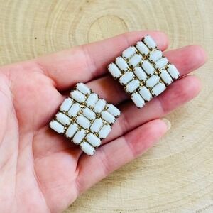 VTG Jeweled Milk Glass Earrings clip glass Baguettes 50s/60s rare gold chunky